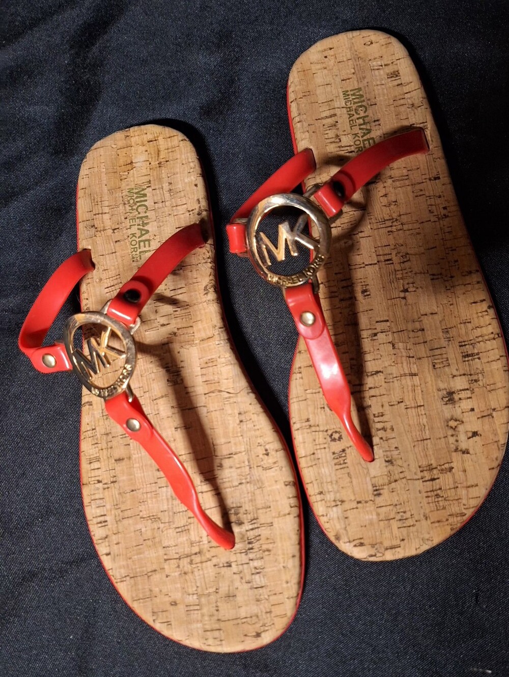 Michael Kors Red Thong Sandals with Gold MK Medallions